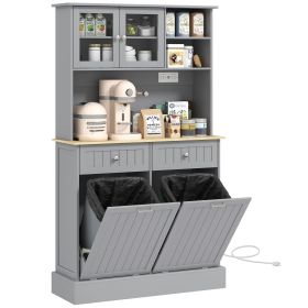HOMCOM Kitchen Pantry Storage Cabinet with Charging Station, 2 Tilt Out Cabinets, Microwave Stand, Gray
