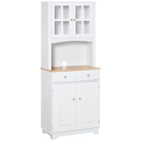 HOMCOM 67" Kitchen Hutch Cabinet, kitchen Pantry with Framed Glass Doors, Louvered Cabinets, 2 Drawers, and Open Microwave Countertop, White