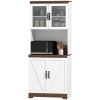 HOMCOM 70" Farmhouse Pantry Cabinet, Kitchen Hutch Storage Cabinet with Glass Doors, Adjustable Shelves, Open Microwave Countertop, White