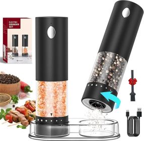 Electric Salt and Pepper Grinder Set Rechargeable Salt and Pepper Mills with 6-Level External Adjustable Coarseness, White LED Light and Storage Base