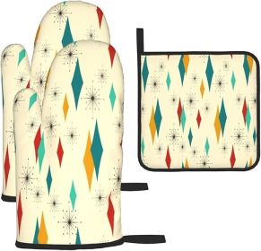 Mid Century Modern Oven Mitts and Pot Holders Set Heat Resistant Non Slip Set of 3 Retro Decor Kitchen Gloves Hot Pads for Cooking BBQ Baking Grilling