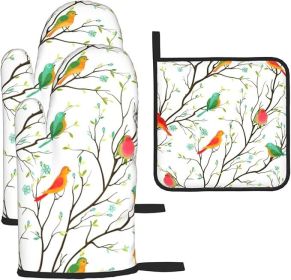 Cute Birds Oven Mitts and Pot Holders Sets of 3 Birds on Tree Heat Resistant Non Slip BBQ Gloves for Cooking Grilling Baking Kitchen Decor