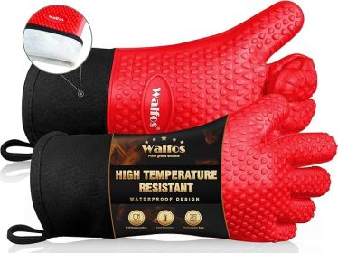 Silicone BBQ Gloves - Heat Resistant Grilling Gloves, Premium Non-Slip Kitchen Silicone Oven Mitt with Protective Cotton Layer Inside, Waterproof