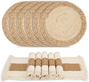Handmade Boho Placemats Set of 6 - Natural Cotton Burlap and Water Straw Woven Combination Table Mats, Macrame Décor and Farmhouse Style Placemats