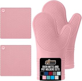 Free Soft Silicone Oven Mitts and Pot Holders Sets of 4, Heat Resistant Waterproof Cooking Gloves, Thick Cotton Lining (Color: Pink)